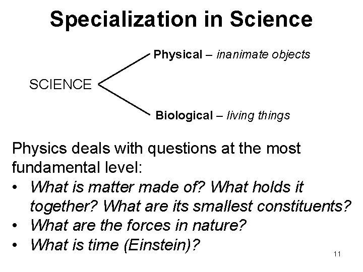 Specialization in Science Physical – inanimate objects SCIENCE Biological – living things Physics deals Specialization in Science Physical – inanimate objects SCIENCE Biological – living things Physics deals