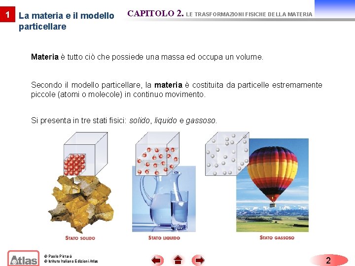 1 La materia e il modello particellare CAPITOLO 2. LE TRASFORMAZIONI FISICHE DELLA MATERIA