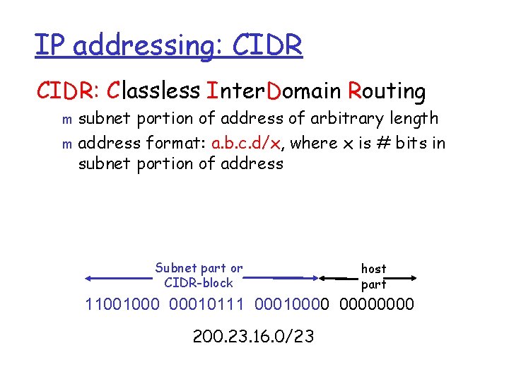 IP addressing: CIDR: Classless Inter. Domain Routing subnet portion of address of arbitrary length