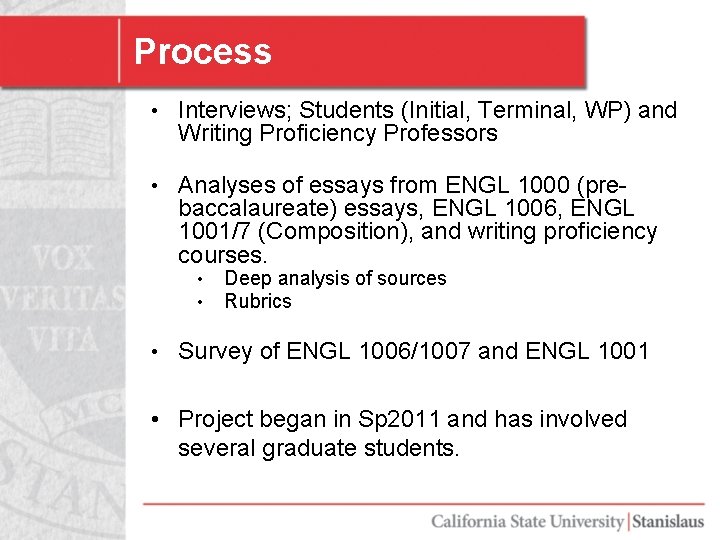 Process • Interviews; Students (Initial, Terminal, WP) and Writing Proficiency Professors • Analyses of