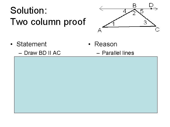 Solution: Two column proof • Statement – – – – Draw BD II AC