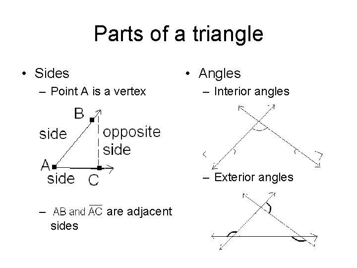 Parts of a triangle • Sides • Angles – Point A is a vertex