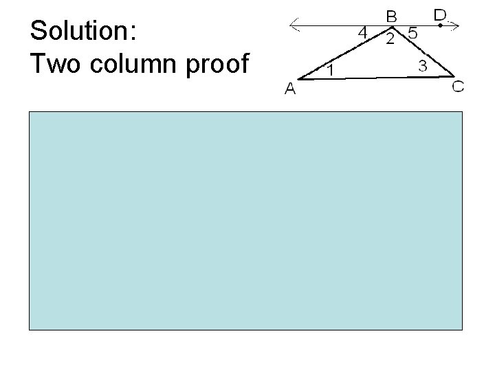 Solution: Two column proof • Statement – – – – Draw BD II AC