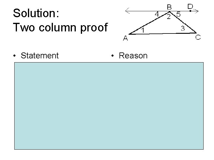 Solution: Two column proof • Statement – – – – Draw BD II AC