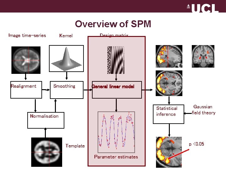 Overview of SPM Image time-series Realignment Kernel Smoothing Design matrix General linear model Statistical