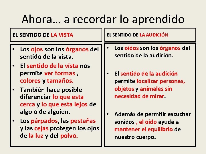 Ahora… a recordar lo aprendido EL SENTIDO DE LA VISTA EL SENTIDO DE LA