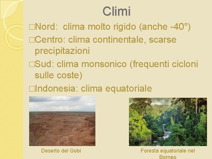 Climi �Nord: clima molto rigido (anche -40°) �Centro: clima continentale, scarse precipitazioni �Sud: clima