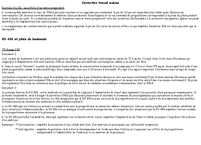 Correction travail maison Exercice 8 p. 311 : Les effets d'un micro-progestatif b. La