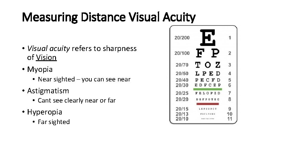 Measuring Distance Visual Acuity • Visual acuity refers to sharpness of Vision • Myopia