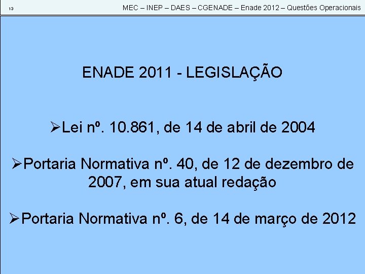 13 MEC – INEP – DAES – CGENADE – Enade 2012 – Questões Operacionais