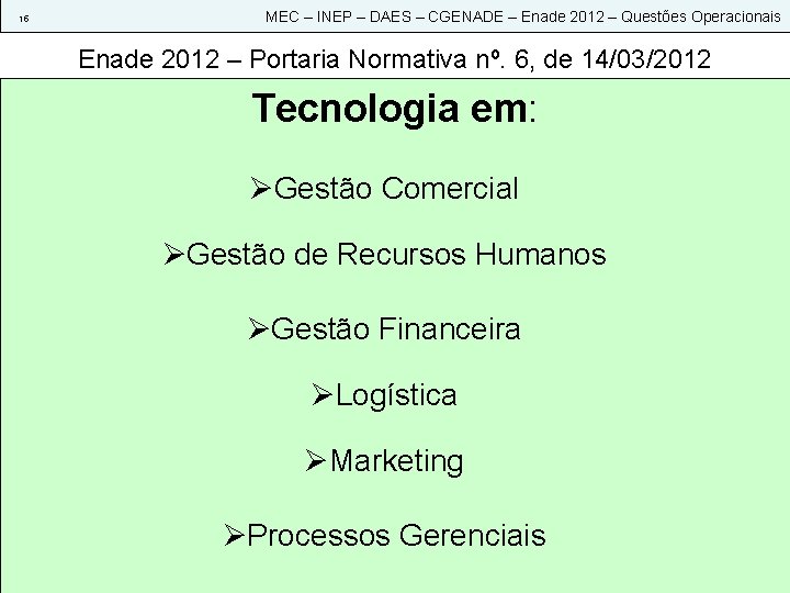 15 MEC – INEP – DAES – CGENADE – Enade 2012 – Questões Operacionais