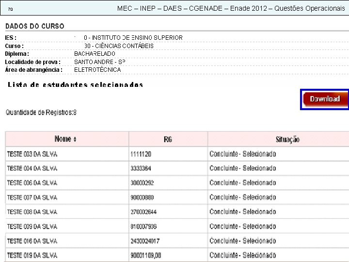 70 MEC – INEP – DAES – CGENADE – Enade 2012 – Questões Operacionais