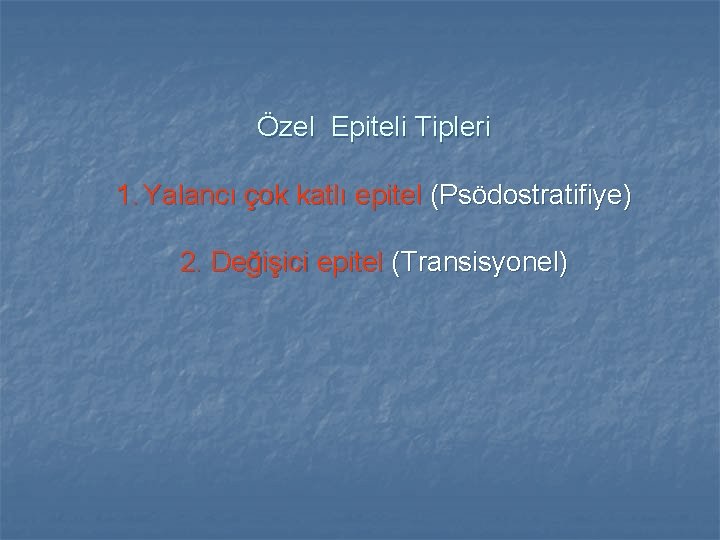 Özel Epiteli Tipleri 1. Yalancı çok katlı epitel (Psödostratifiye) 2. Değişici epitel (Transisyonel) 