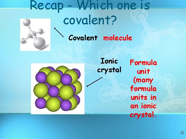 Recap - Which one is covalent? Covalent molecule Ionic crystal Formula unit (many formula