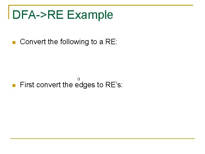 DFA->RE Example Convert the following to a RE: First convert the edges to RE’s: