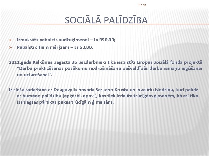 Kopā SOCIĀLĀ PALĪDZĪBA Ø Ø Izmaksāts pabalsts audžuģimenei – Ls 990. 00; Pabalsti citiem