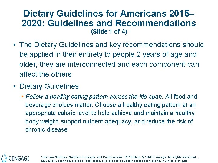 Dietary Guidelines for Americans 2015– 2020: Guidelines and Recommendations (Slide 1 of 4) •