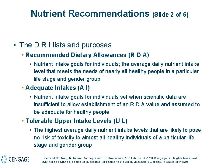Nutrient Recommendations (Slide 2 of 6) • The D R I lists and purposes