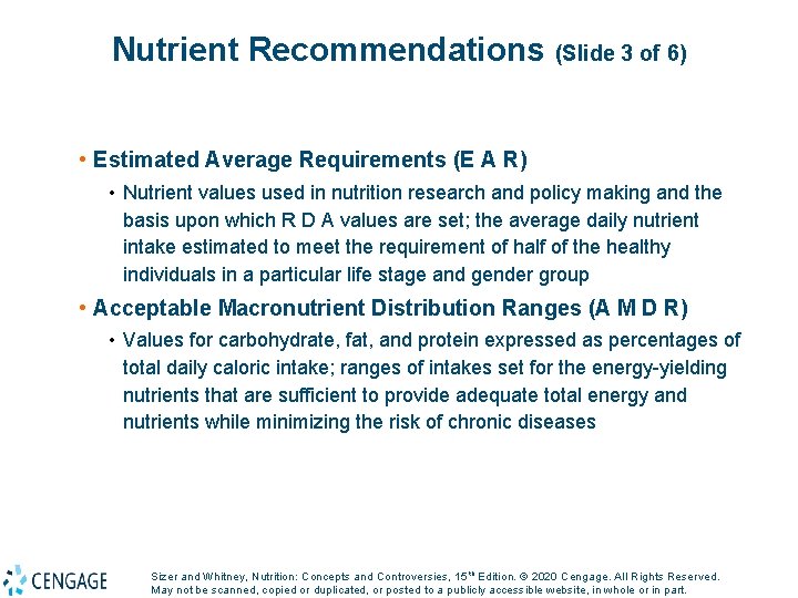 Nutrient Recommendations (Slide 3 of 6) • Estimated Average Requirements (E A R) •