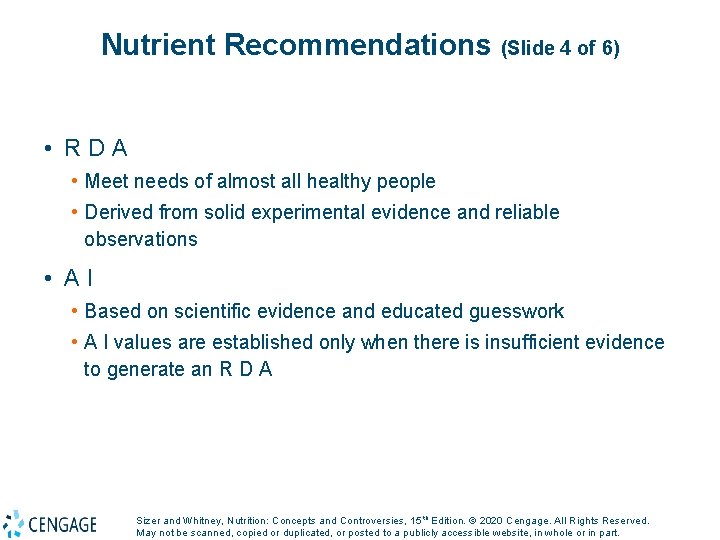 Nutrient Recommendations (Slide 4 of 6) • RDA • Meet needs of almost all