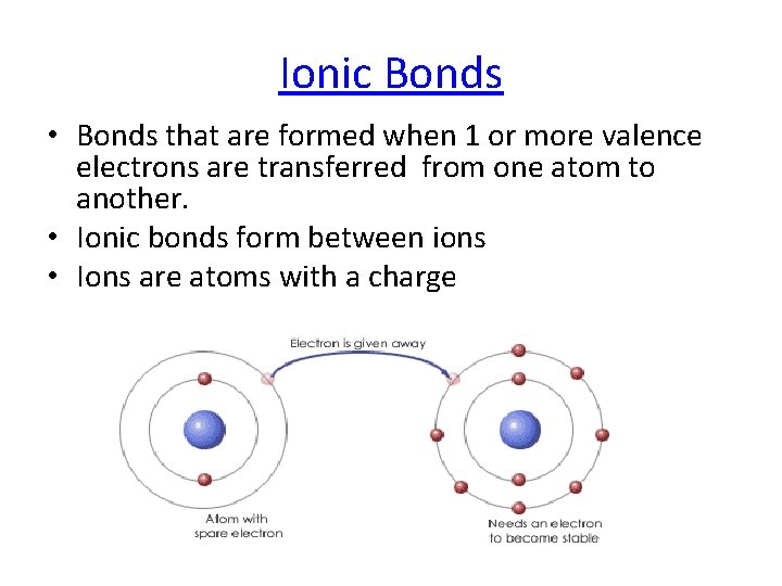 Ionic Bonds • Bonds that are formed when 1 or more valence electrons are