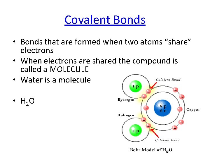 Covalent Bonds • Bonds that are formed when two atoms “share” electrons • When