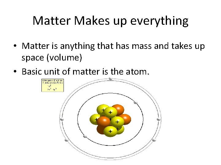 Matter Makes up everything • Matter is anything that has mass and takes up