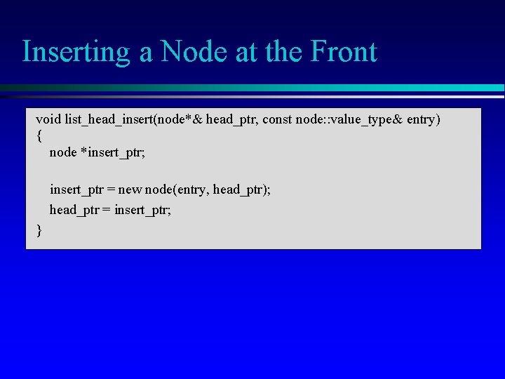Inserting a Node at the Front void list_head_insert(node*& head_ptr, const node: : value_type& entry) Inserting a Node at the Front void list_head_insert(node*& head_ptr, const node: : value_type& entry)