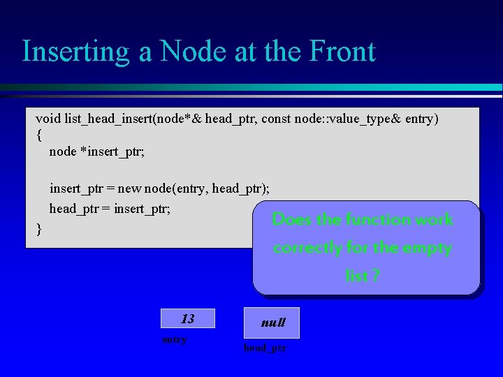 Inserting a Node at the Front void list_head_insert(node*& head_ptr, const node: : value_type& entry)