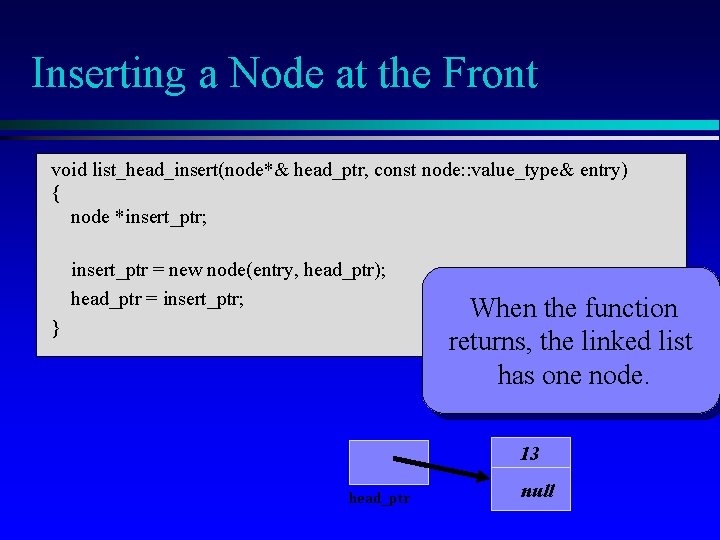 Inserting a Node at the Front void list_head_insert(node*& head_ptr, const node: : value_type& entry)