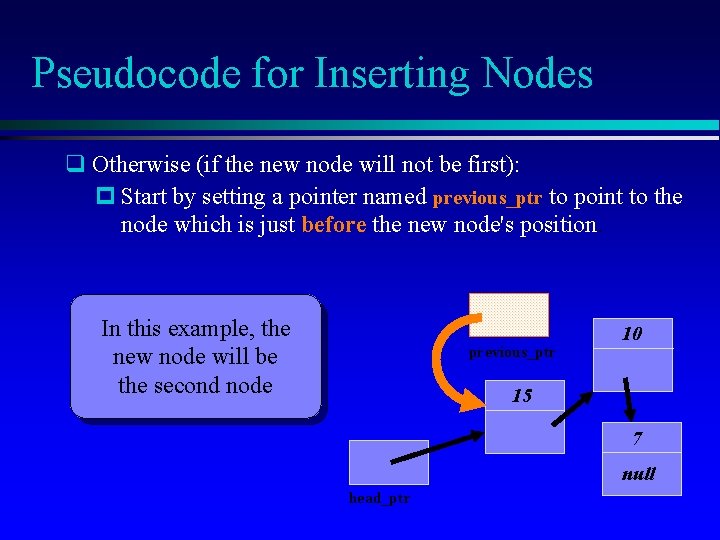 Pseudocode for Inserting Nodes q Otherwise (if the new node will not be first):