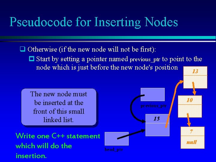 Pseudocode for Inserting Nodes q Otherwise (if the new node will not be first):