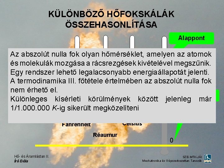 KÜLÖNBÖZŐ HŐFOKSKÁLÁK ÖSSZEHASONLÍTÁSA Alappont Az abszolút nulla fok olyan hőmérséklet, amelyen az atomok és