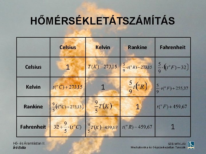 HŐMÉRSÉKLETÁTSZÁMÍTÁS Celsius Kelvin Rankine Fahrenheit Hő- és Áramlástan II. Író Béla Kelvin Rankine Fahrenheit