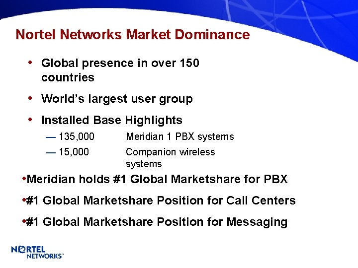 Nortel Networks Market Dominance • Global presence in over 150 countries • World’s largest