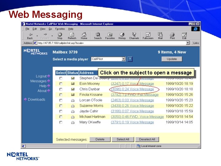 Web Messaging Click on the subject to open a message 