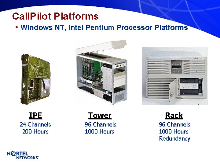 Call. Pilot Platforms • Windows NT, Intel Pentium Processor Platforms IPE Tower Rack 24