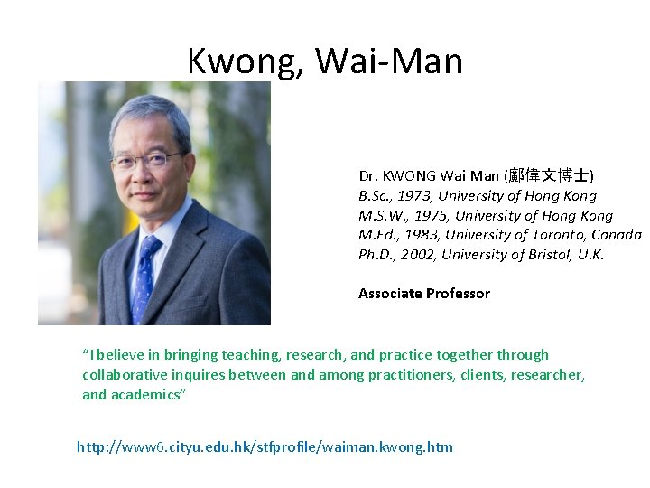 Kwong, Wai-Man Dr. KWONG Wai Man (鄺偉文博士) B. Sc. , 1973, University of Hong