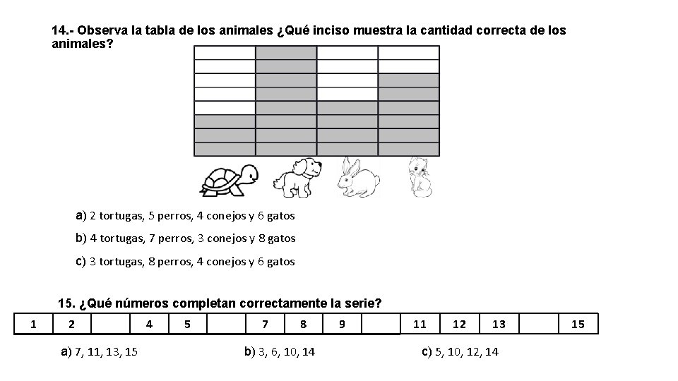 14. - Observa la tabla de los animales ¿Qué inciso muestra la cantidad correcta