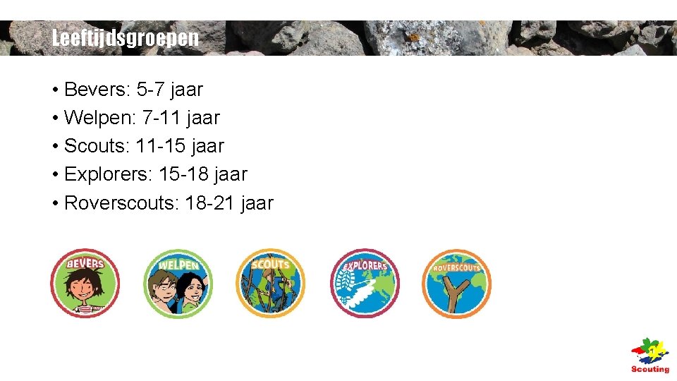 Leeftijdsgroepen • Bevers: 5 -7 jaar • Welpen: 7 -11 jaar • Scouts: 11