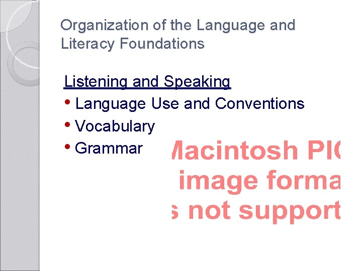 Organization of the Language and Literacy Foundations Listening and Speaking • Language Use and