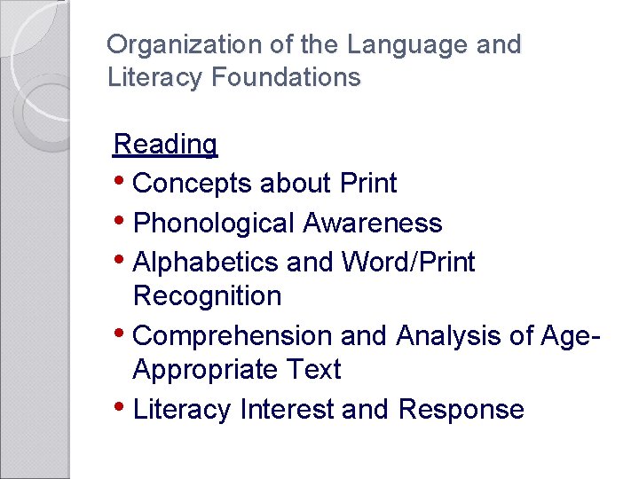 Organization of the Language and Literacy Foundations Reading • Concepts about Print • Phonological