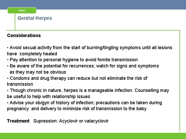 Viral Genital Herpes Considerations • Avoid sexual activity from the start of burning/tingling symptoms