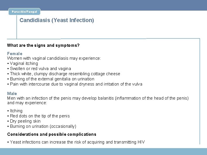 Parasitic/Fungal Candidiasis (Yeast Infection) What are the signs and symptoms? Female Women with vaginal