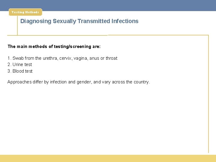 Testing Methods Diagnosing Sexually Transmitted Infections The main methods of testing/screening are: 1. Swab