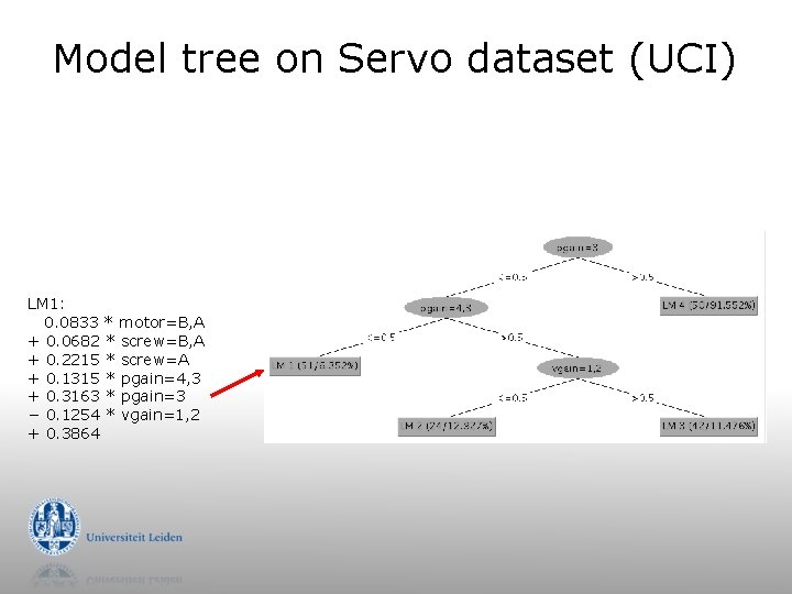 Model tree on Servo dataset (UCI) LM 1: 0. 0833 * motor=B, A +