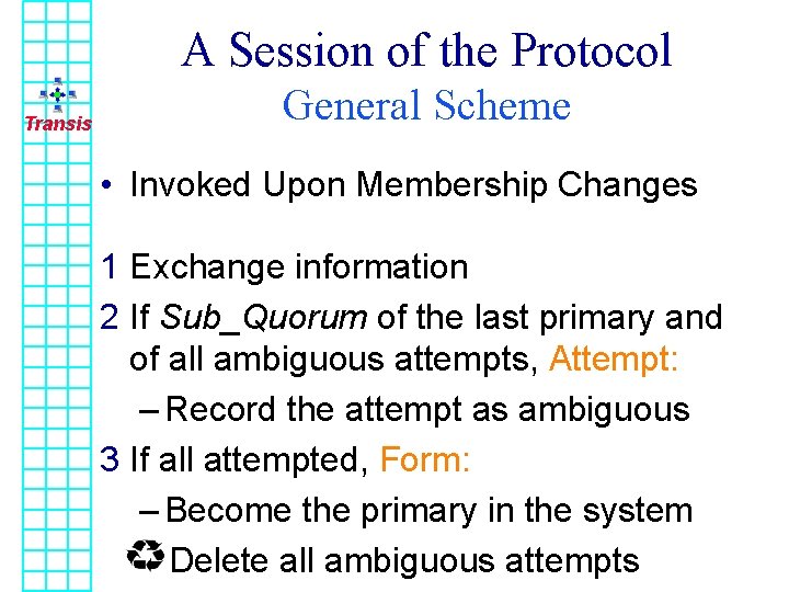 A Session of the Protocol Transis General Scheme • Invoked Upon Membership Changes 1