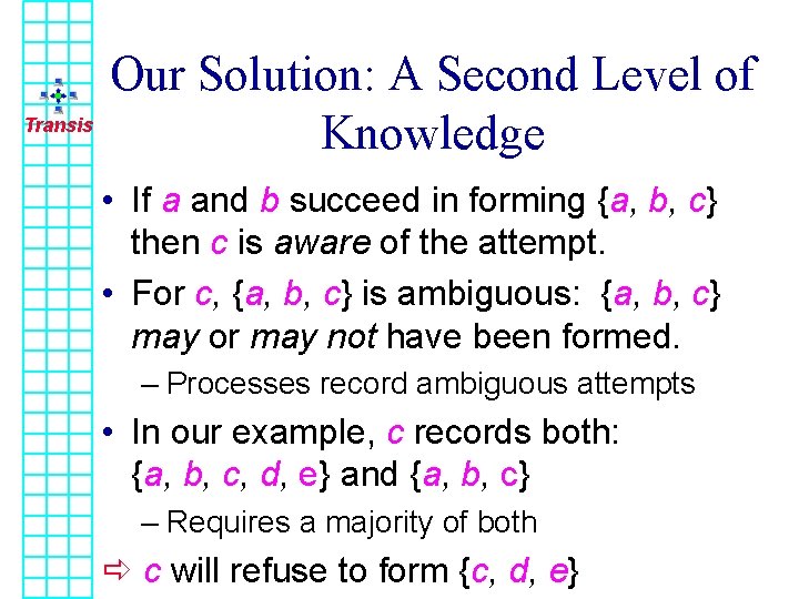 Transis Our Solution: A Second Level of Knowledge • If a and b succeed