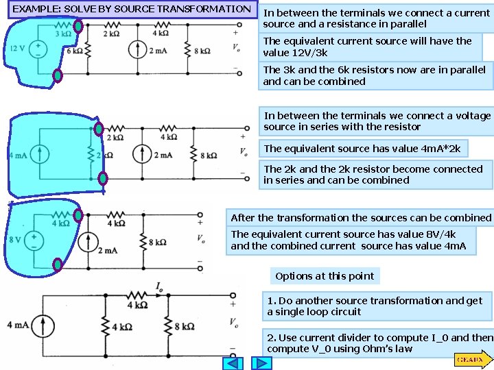 EXAMPLE: SOLVE BY SOURCE TRANSFORMATION In between the terminals we connect a current source