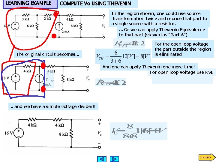 LEARNING EXAMPLE COMPUTE Vo USING THEVENIN In the region shown, one could use source